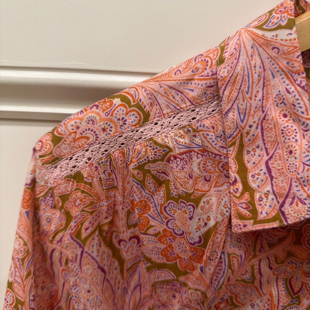 Sundance Poppy Bloom paisley print cotton blouse top in pink and orange - Picture 5 of 13